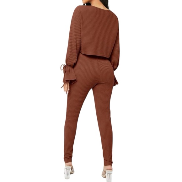 Fashion Nova 2 Piece Long Poet Sleeves Ribbed Brown Crop Top and Pants - Picture 3 of 15